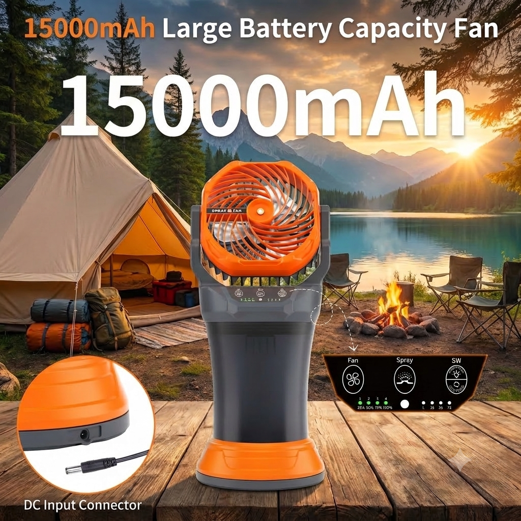 Portable Rechargeable Misting Fan with RGB Light, Cordless Cooling Fan for Camping, Fishing, Beach, Patio & RV