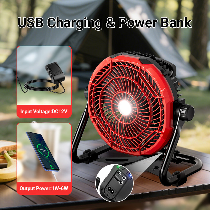 Rechargeable Fan Outdoor Floor Fan, Portable High Velocity Fan with Led Light USB Type C Port 3 Speeds Cordless Industrial Fan with Metal Blade for Garage/Patios/Gym/Camping
