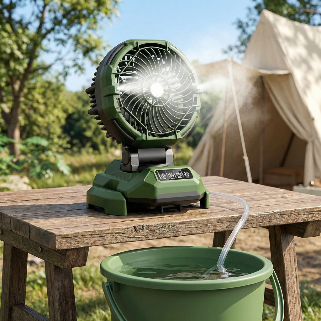 Portable Misting Fan without Large Water Tank, Rechargeable Outdoor Pedestal Fan, Strong Airflow Cooling Mister for Patio, Deck and Greenhouse