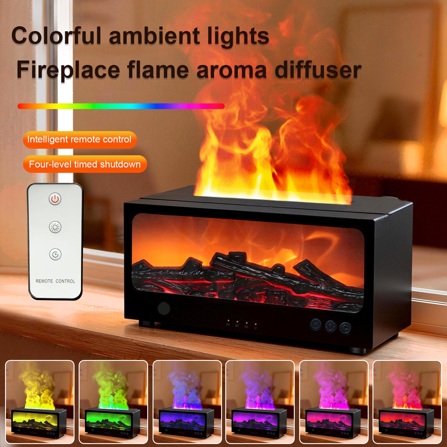 Essential Oil Diffuser, Flame Fireplace Aroma Diffuser with 7 Color Lights