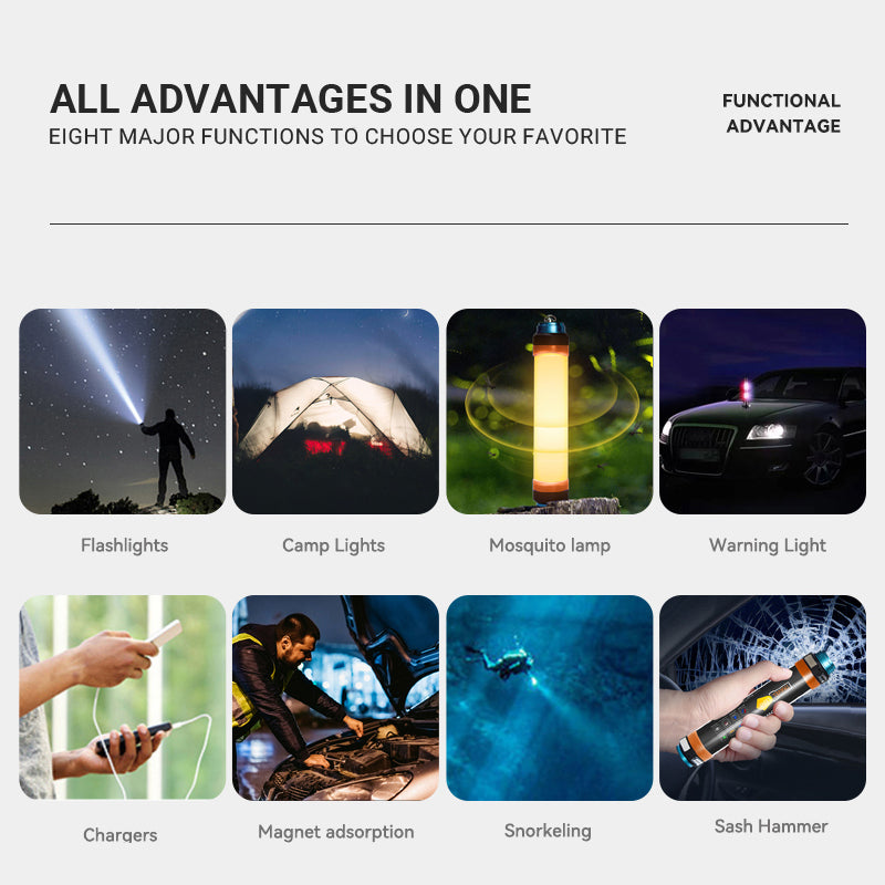 Waterproof Flashlight Torch IP68 Rechargeable 5500K + 580nm LED Camping Travel Outdoor Light