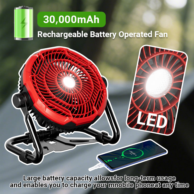Rechargeable Fan Outdoor Floor Fan, Portable High Velocity Fan with Led Light USB Type C Port 3 Speeds Cordless Industrial Fan with Metal Blade for Garage/Patios/Gym/Camping