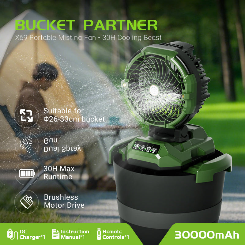 Portable Misting Fan 30000mAh Rechargeable Battery Powered 4 Strong Winds 4 Spray Mister Floor Cooling Fan for Outdoor Camping Patios Adjustable Base for 10-13inch Bucket(No Bucket Included)
