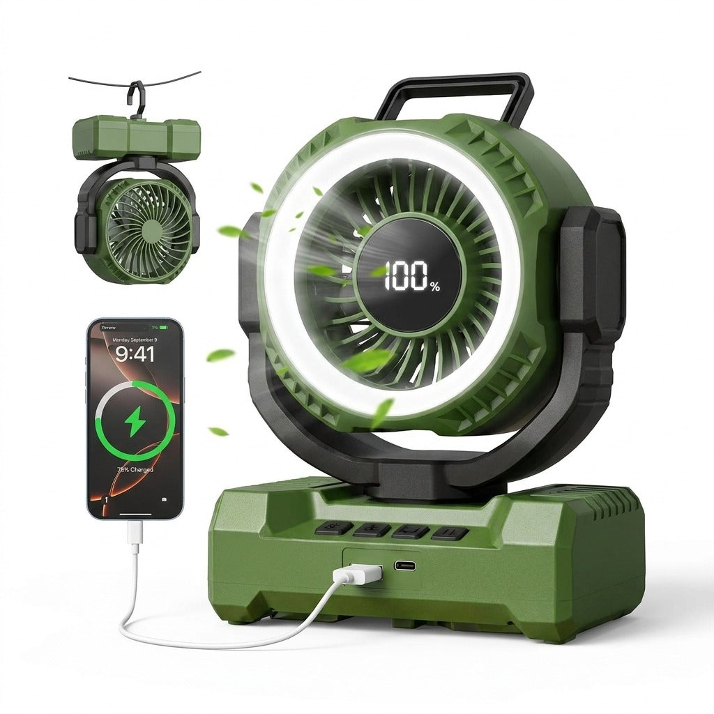 24000mAh Portable Camping Fan, Rechargeable Battery Powered Fan with LED Lantern & Oscillation, Ventiladores for Tent Jobsite
