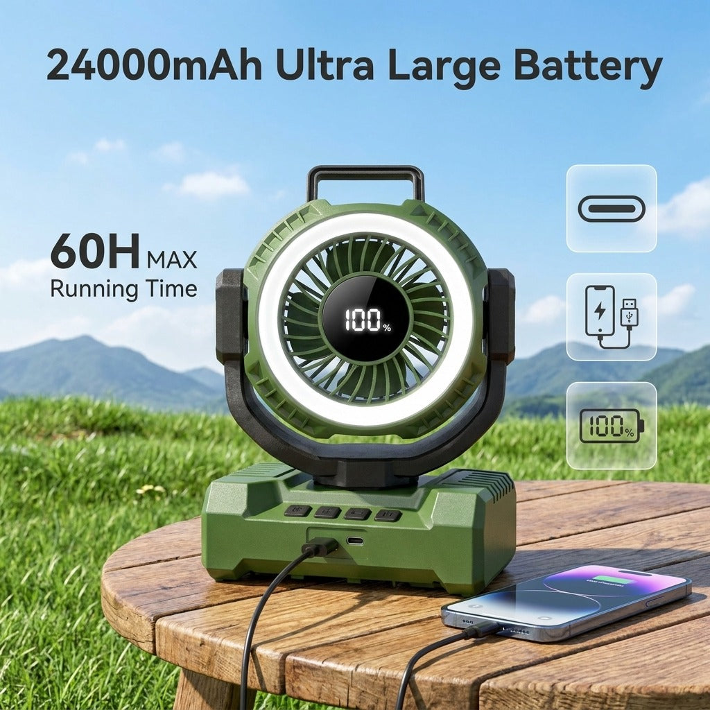 24000mAh Portable Camping Fan, Rechargeable Battery Powered Fan with LED Lantern & Oscillation, Ventiladores for Tent Jobsite