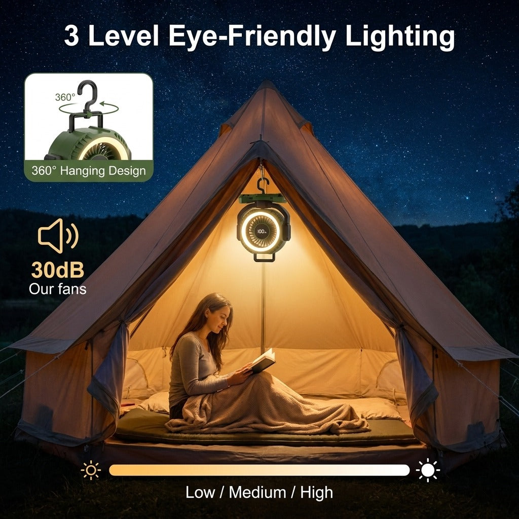 24000mAh Portable Camping Fan, Rechargeable Battery Powered Fan with LED Lantern & Oscillation, Ventiladores for Tent Jobsite