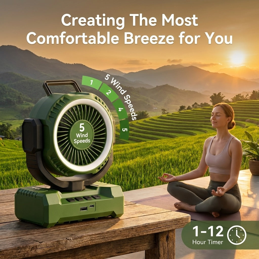 24000mAh Portable Camping Fan, Rechargeable Battery Powered Fan with LED Lantern & Oscillation, Ventiladores for Tent Jobsite