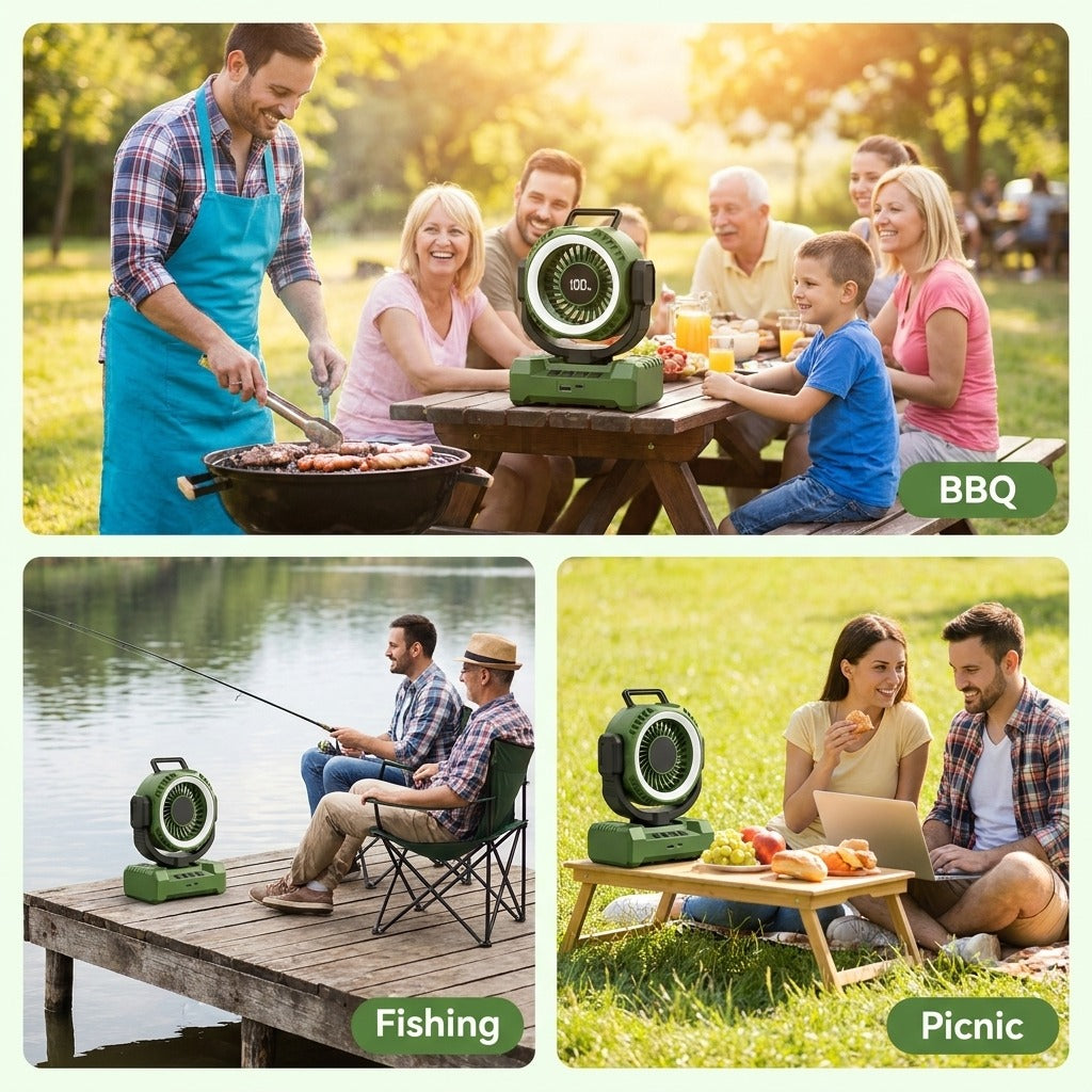24000mAh Portable Camping Fan, Rechargeable Battery Powered Fan with LED Lantern & Oscillation, Ventiladores for Tent Jobsite