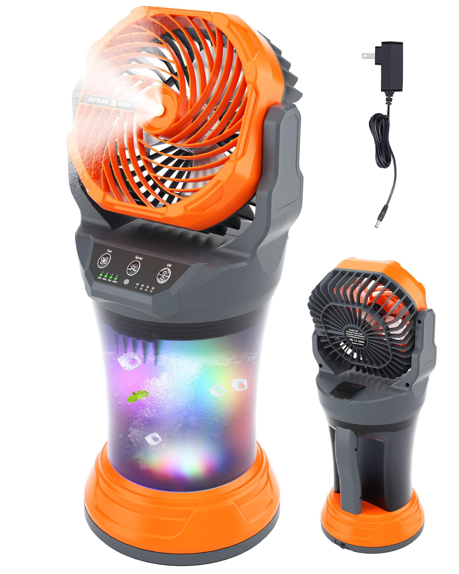 Portable Misting Cooling Fan with Larger Battery Rechargeable Outdoor with 2L Water Tank RGB Lights 4 Speeds & Spray Modes 120°Auto Oscillating RGB Light for Patio Camping Beach Workshop Tent Beach Travel