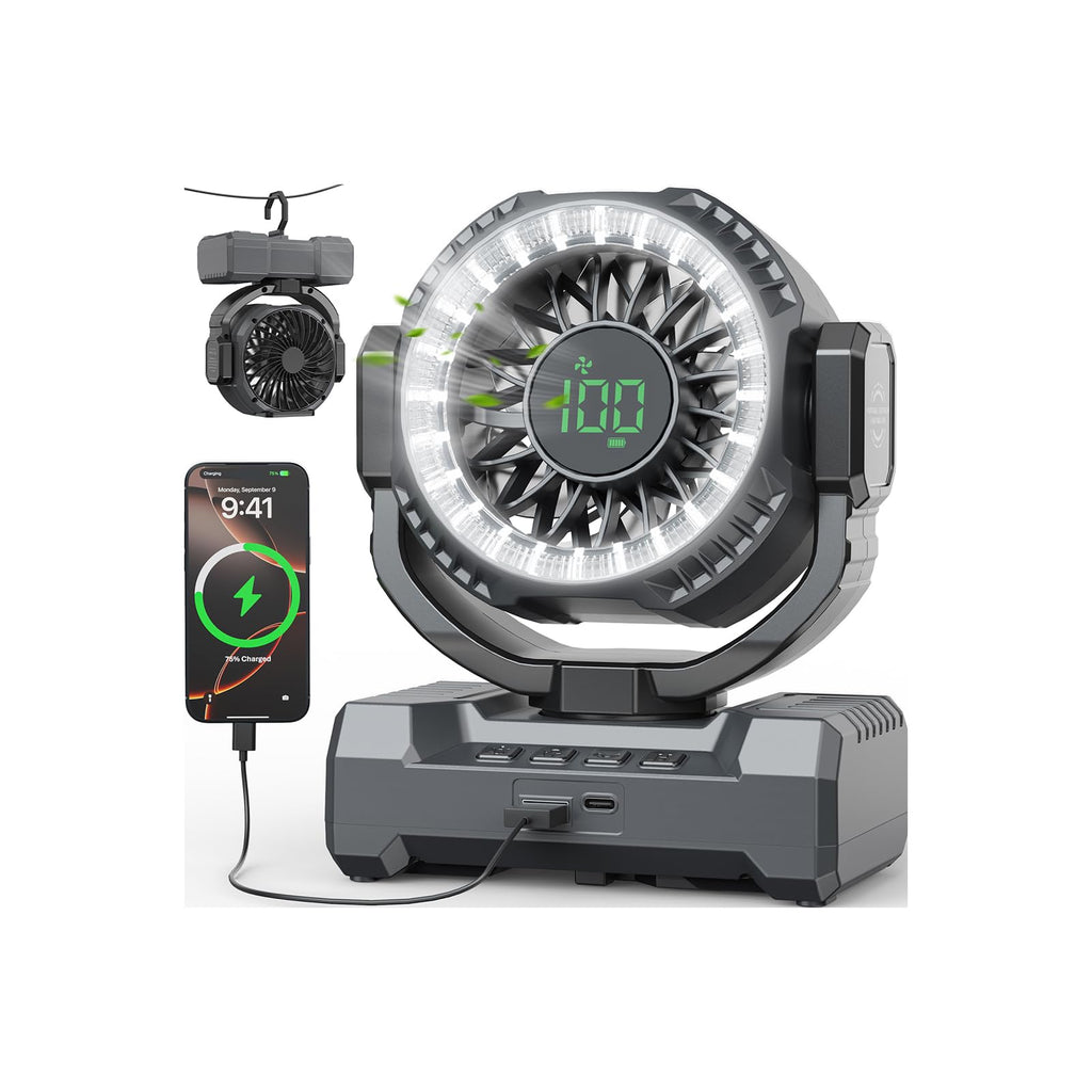 24000mAh Portable Camping Fan, Rechargeable Battery Powered Fan with LED Lantern & Oscillation, Ventiladores for Tent Jobsite