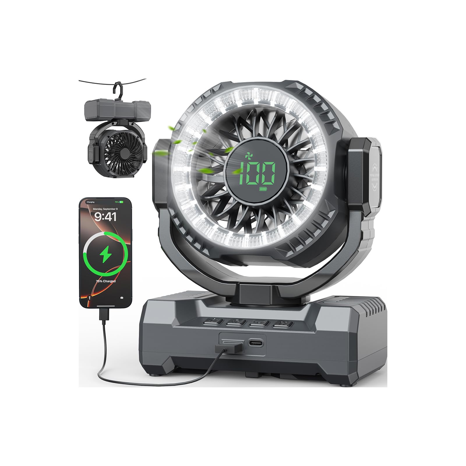 24000mAh Portable Camping Fan, Rechargeable Battery Powered Fan with LED Lantern & Oscillation, Ventiladores for Tent Jobsite