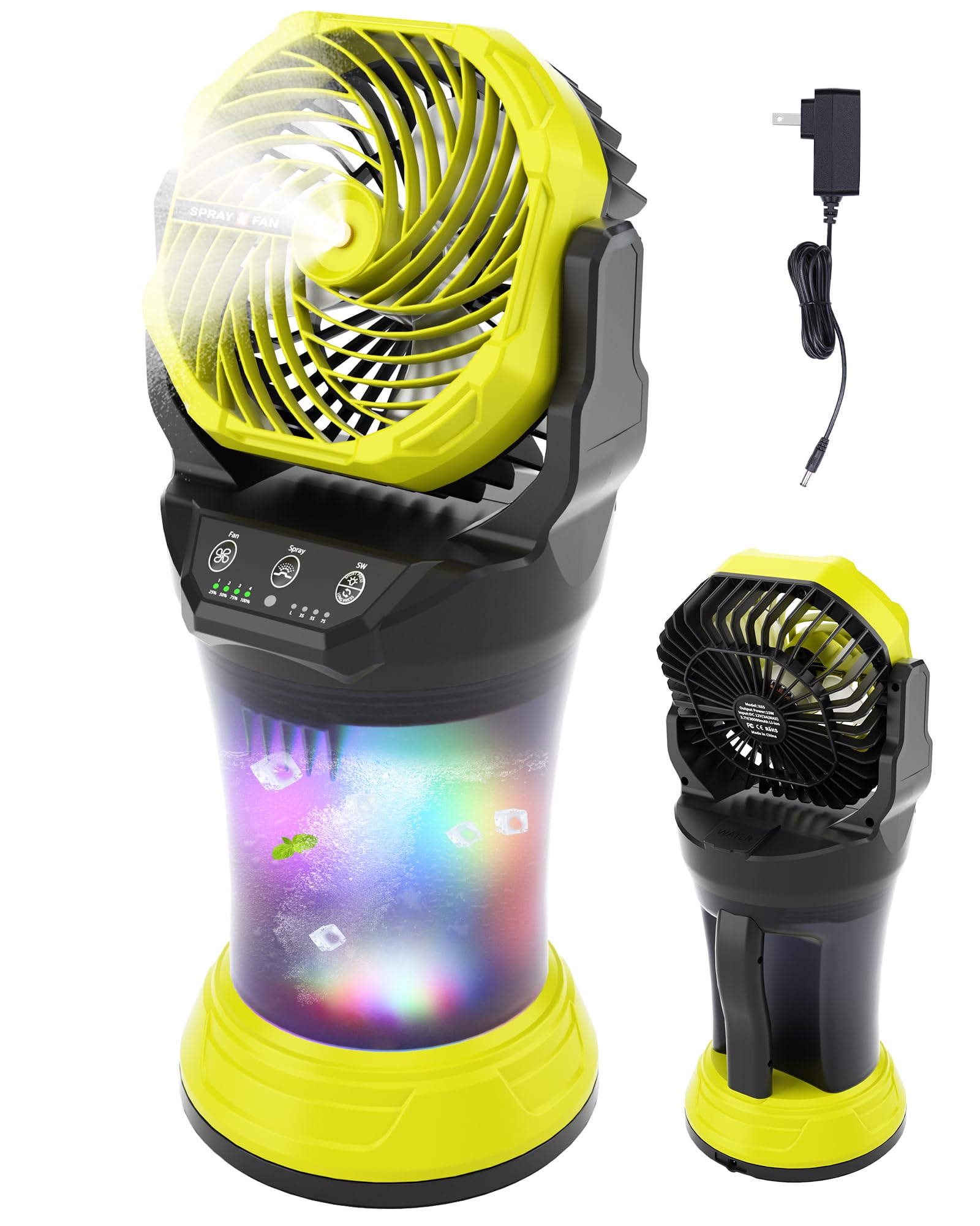 Portable Misting Cooling Fan with Larger Battery Rechargeable Outdoor with 2L Water Tank RGB Lights 4 Speeds & Spray Modes 120°Auto Oscillating RGB Light for Patio Camping Beach Workshop Tent Beach Travel
