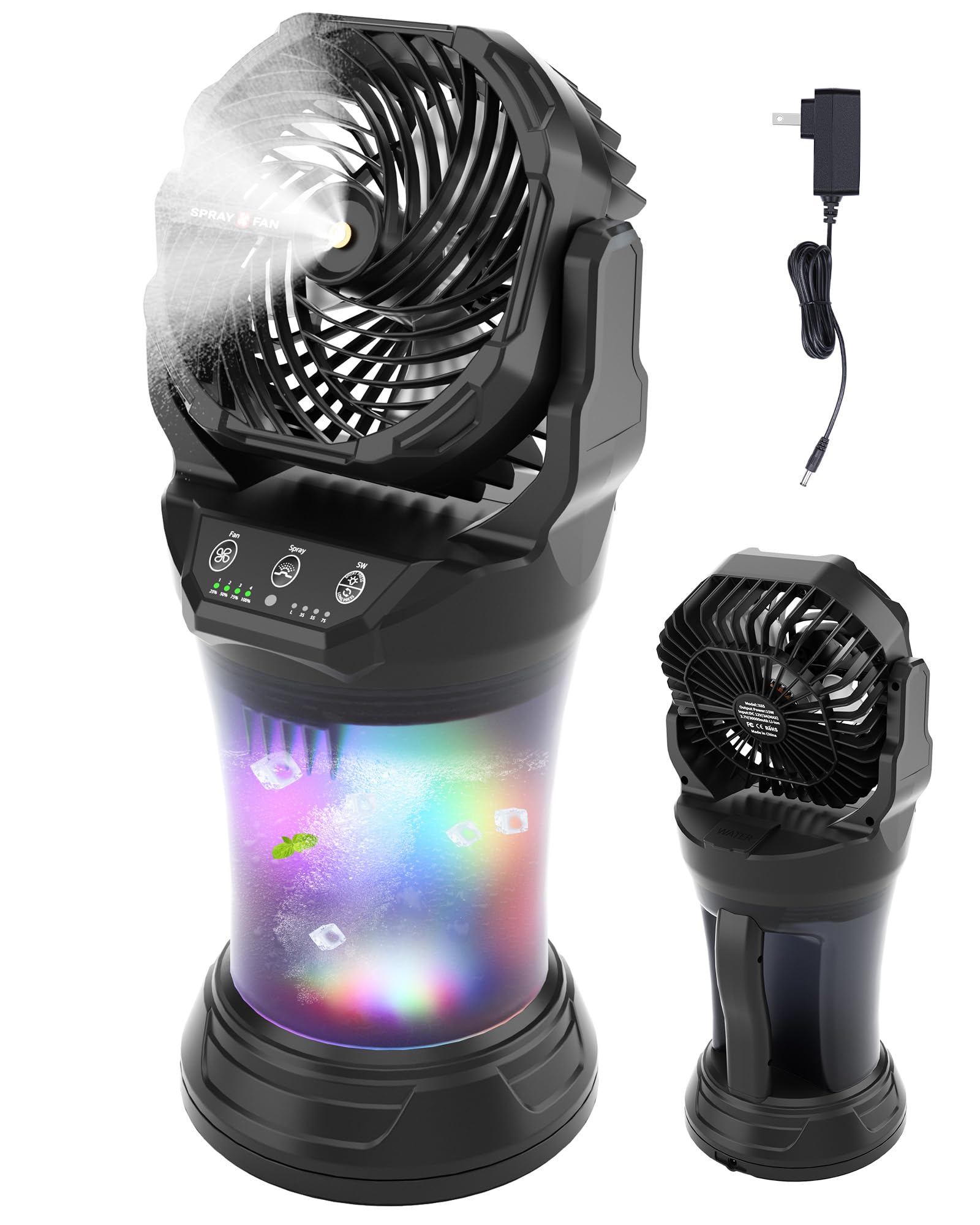 Portable Misting Cooling Fan with Larger Battery Rechargeable Outdoor with 2L Water Tank RGB Lights 4 Speeds & Spray Modes 120°Auto Oscillating RGB Light for Patio Camping Beach Workshop Tent Beach Travel
