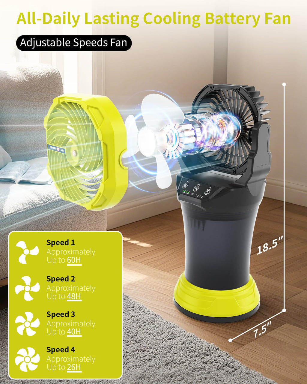 Portable Misting Cooling Fan with Larger Battery Rechargeable Outdoor with 2L Water Tank RGB Lights 4 Speeds & Spray Modes 120°Auto Oscillating RGB Light for Patio Camping Beach Workshop Tent Beach Travel