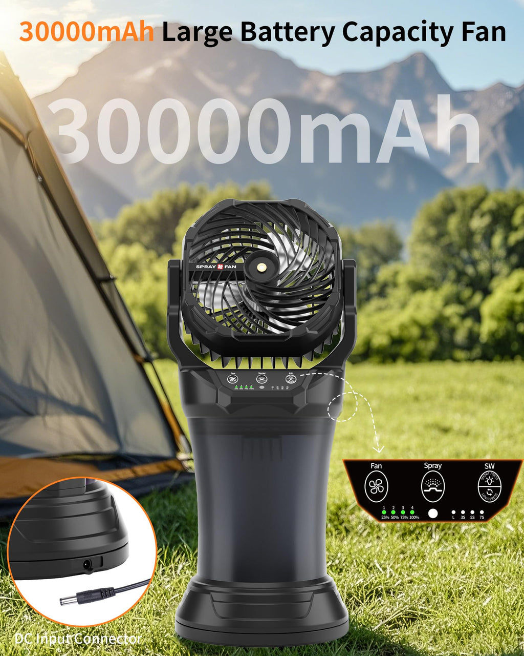 Portable Misting Cooling Fan with Larger Battery Rechargeable Outdoor with 2L Water Tank RGB Lights 4 Speeds & Spray Modes 120°Auto Oscillating RGB Light for Patio Camping Beach Workshop Tent Beach Travel