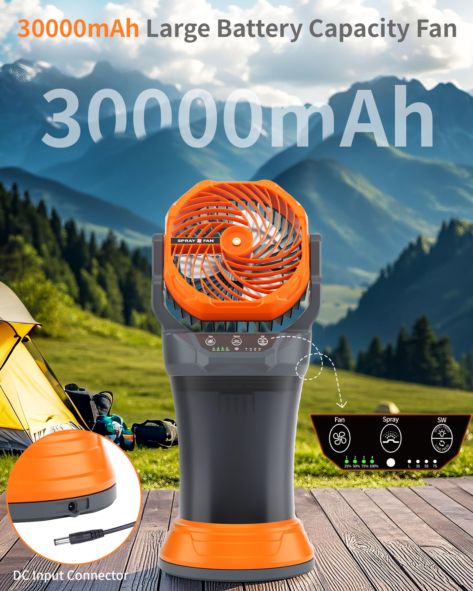 Portable Misting Cooling Fan with Larger Battery Rechargeable Outdoor with 2L Water Tank RGB Lights 4 Speeds & Spray Modes 120°Auto Oscillating RGB Light for Patio Camping Beach Workshop Tent Beach Travel