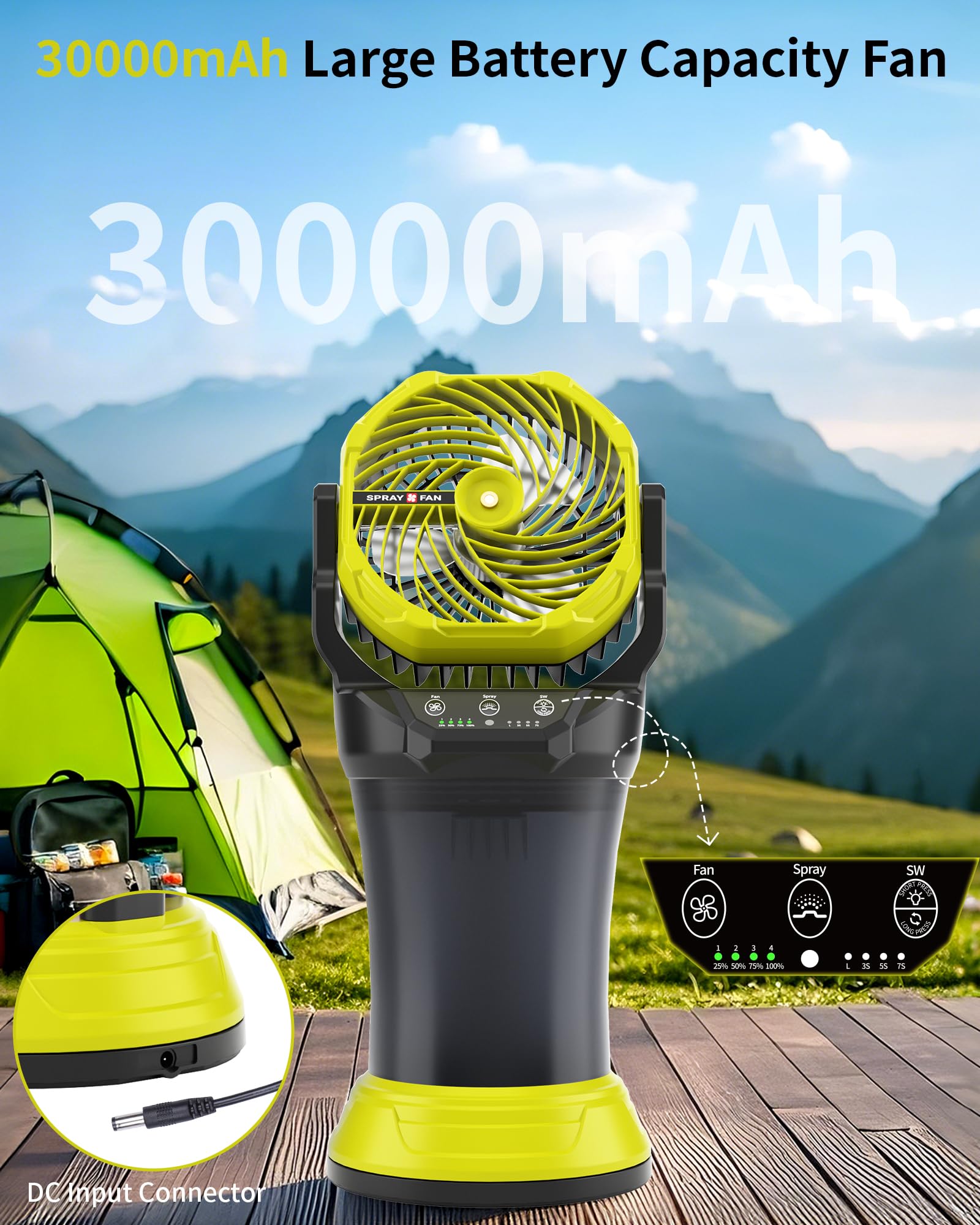Portable Misting Cooling Fan with Larger Battery Rechargeable Outdoor with 2L Water Tank RGB Lights 4 Speeds & Spray Modes 120°Auto Oscillating RGB Light for Patio Camping Beach Workshop Tent Beach Travel