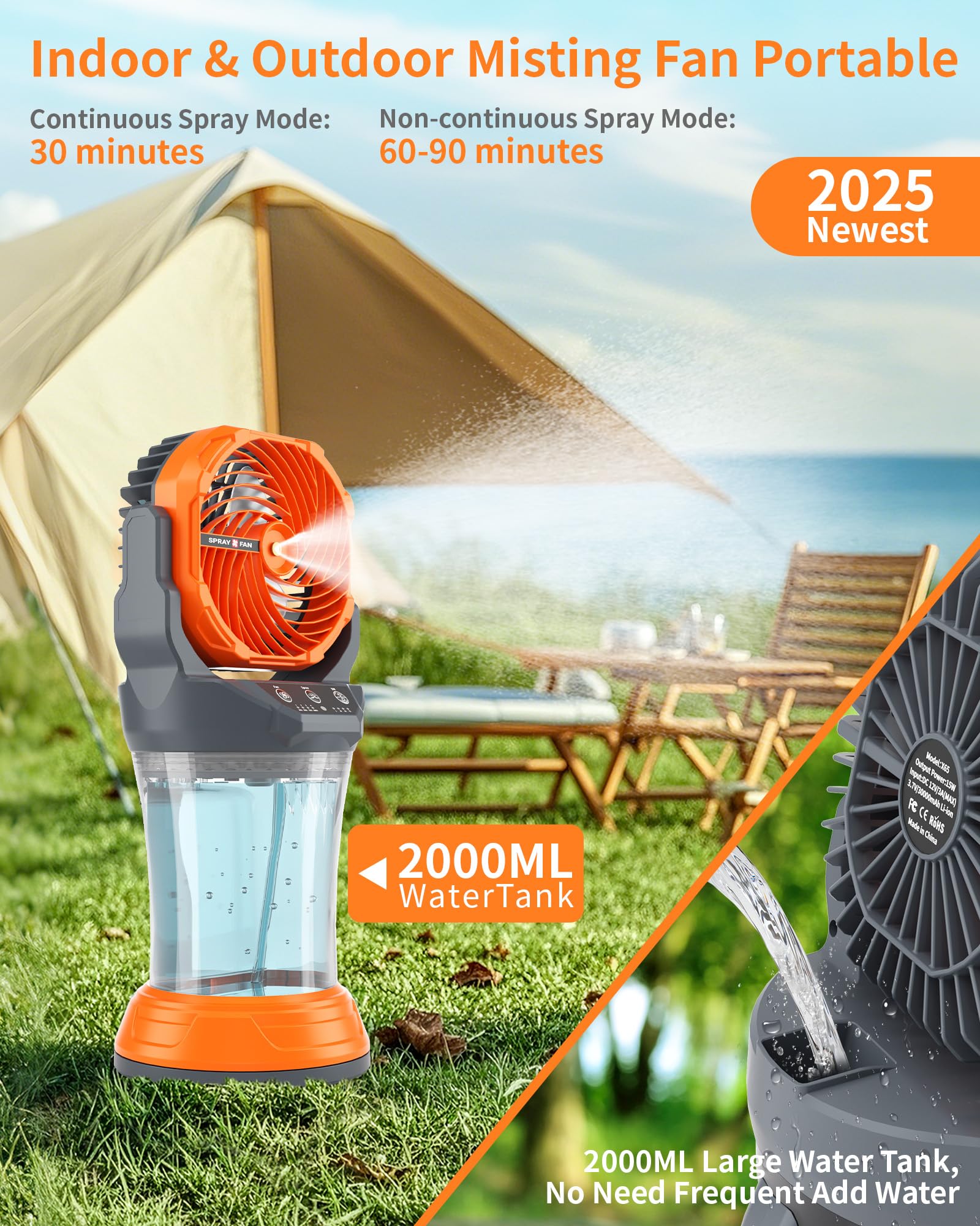 Portable Misting Cooling Fan with Larger Battery Rechargeable Outdoor with 2L Water Tank RGB Lights 4 Speeds & Spray Modes 120°Auto Oscillating RGB Light for Patio Camping Beach Workshop Tent Beach Travel