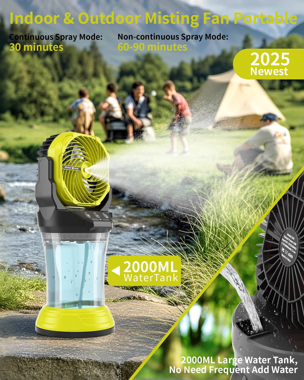 Portable Misting Cooling Fan with Larger Battery Rechargeable Outdoor with 2L Water Tank RGB Lights 4 Speeds & Spray Modes 120°Auto Oscillating RGB Light for Patio Camping Beach Workshop Tent Beach Travel
