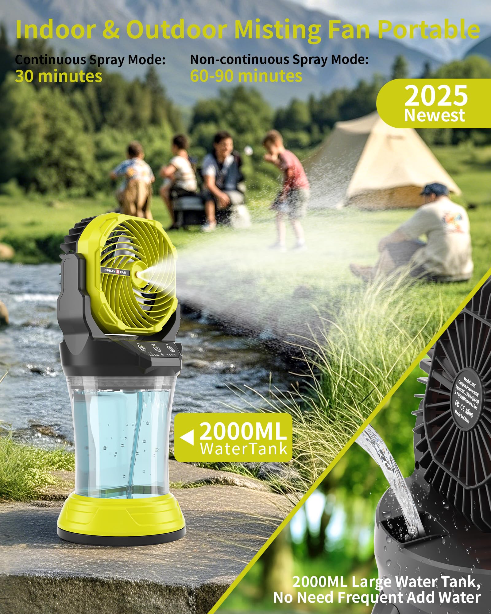 Portable Misting Cooling Fan with Larger Battery Rechargeable Outdoor with 2L Water Tank RGB Lights 4 Speeds & Spray Modes 120°Auto Oscillating RGB Light for Patio Camping Beach Workshop Tent Beach Travel