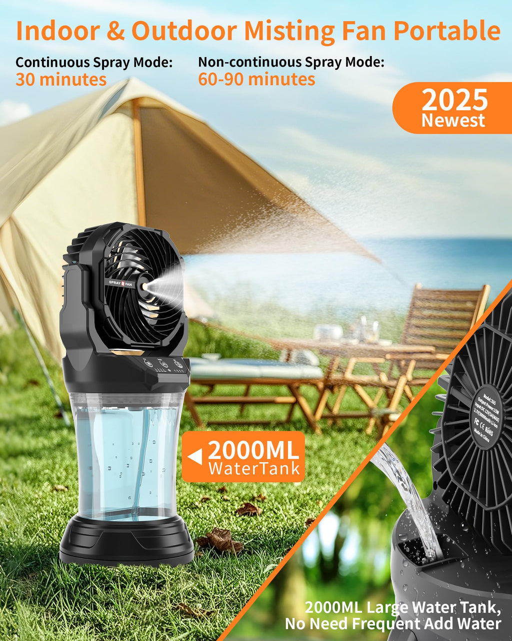 Portable Misting Cooling Fan with Larger Battery Rechargeable Outdoor with 2L Water Tank RGB Lights 4 Speeds & Spray Modes 120°Auto Oscillating RGB Light for Patio Camping Beach Workshop Tent Beach Travel