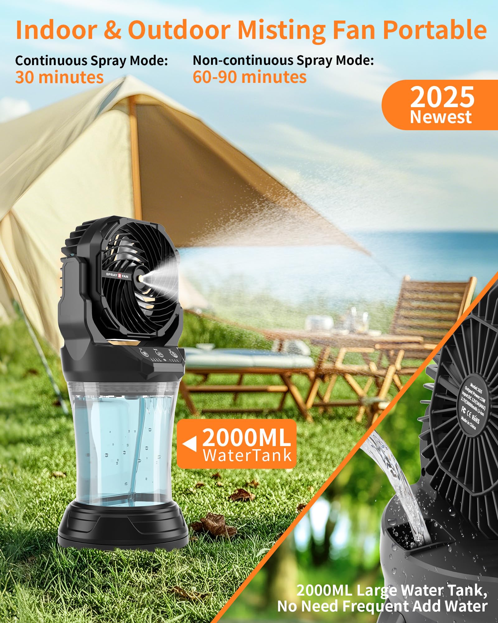 Portable Misting Cooling Fan with Larger Battery Rechargeable Outdoor with 2L Water Tank RGB Lights 4 Speeds & Spray Modes 120°Auto Oscillating RGB Light for Patio Camping Beach Workshop Tent Beach Travel
