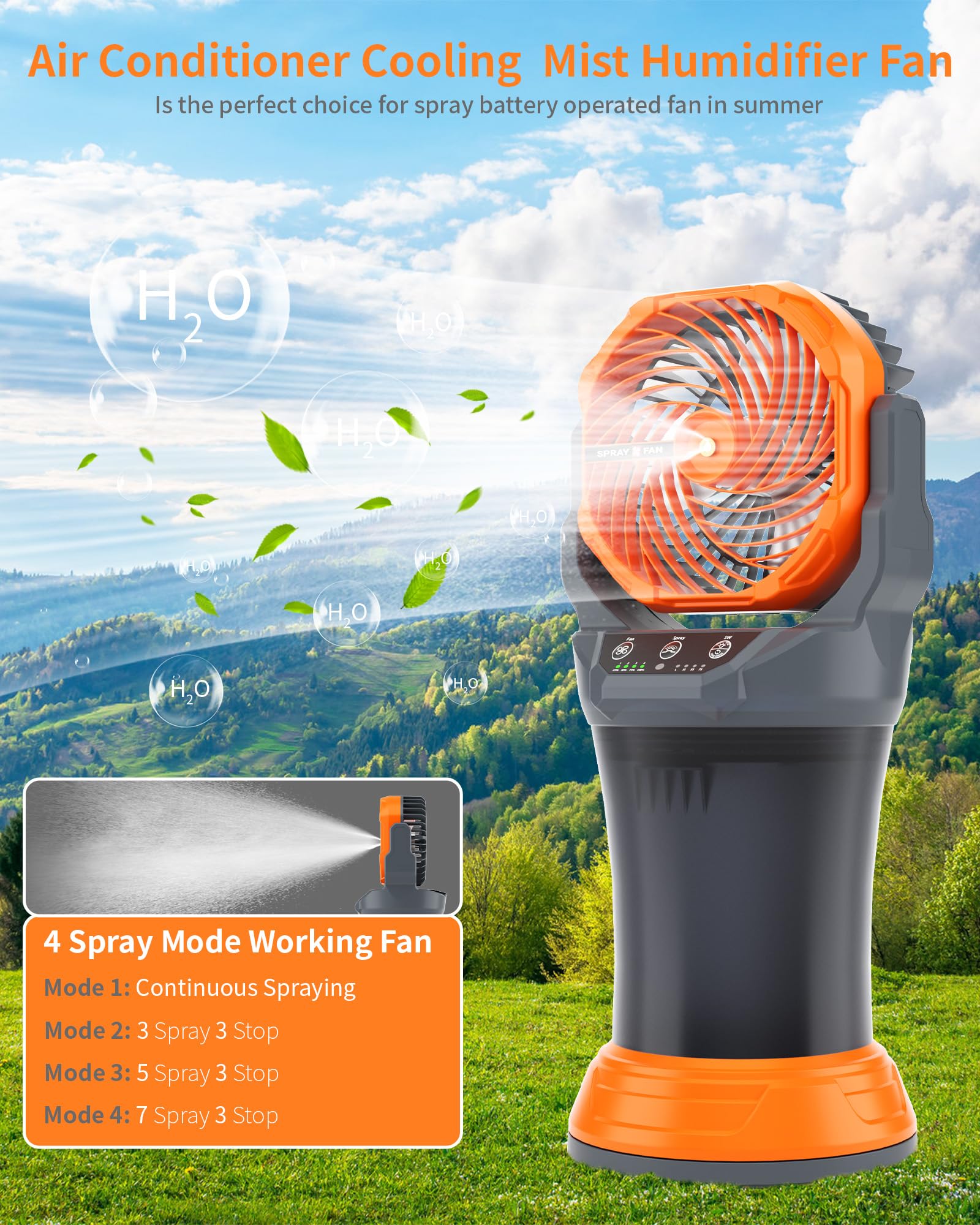 Portable Misting Cooling Fan with Larger Battery Rechargeable Outdoor with 2L Water Tank RGB Lights 4 Speeds & Spray Modes 120°Auto Oscillating RGB Light for Patio Camping Beach Workshop Tent Beach Travel