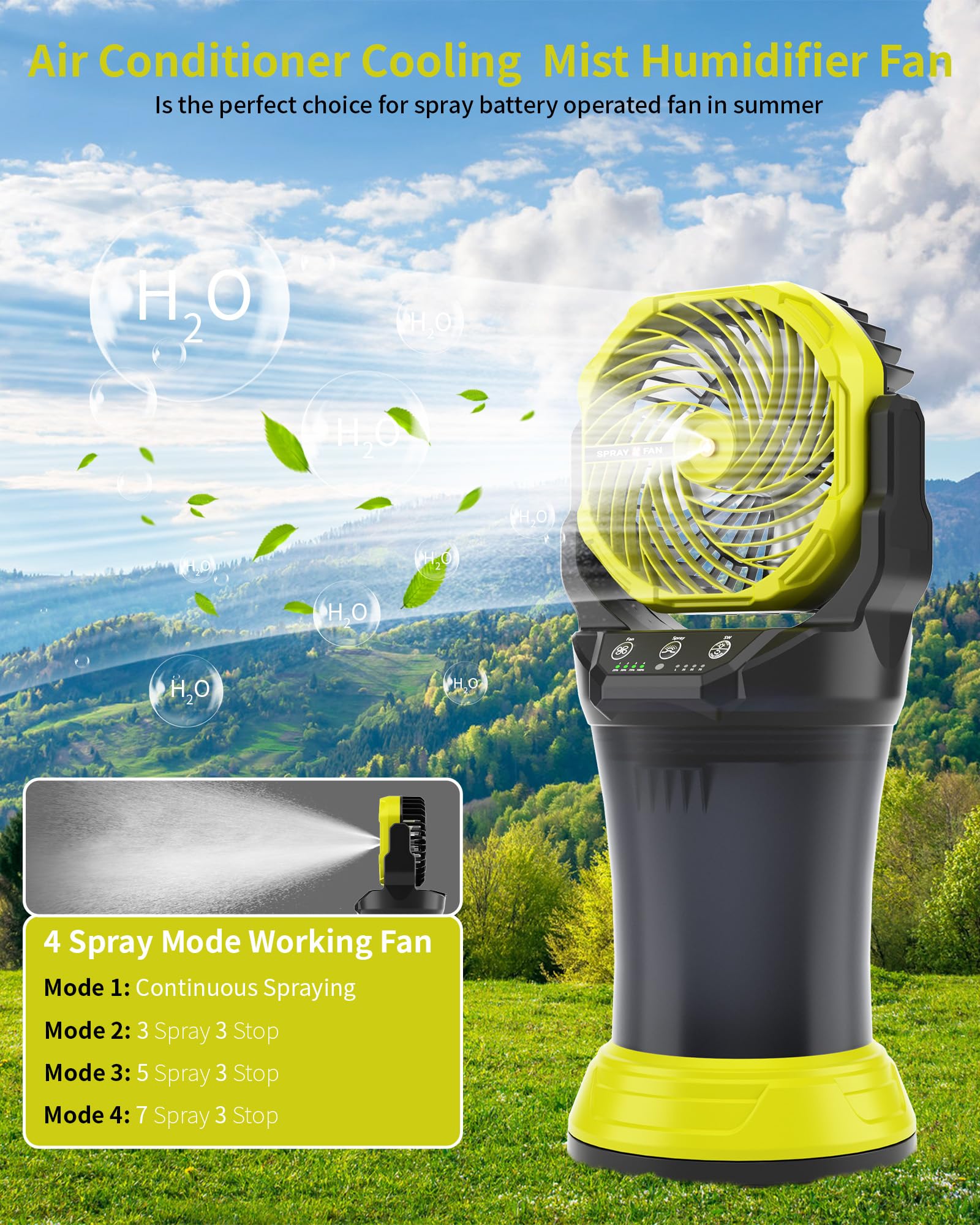 Portable Misting Cooling Fan with Larger Battery Rechargeable Outdoor with 2L Water Tank RGB Lights 4 Speeds & Spray Modes 120°Auto Oscillating RGB Light for Patio Camping Beach Workshop Tent Beach Travel
