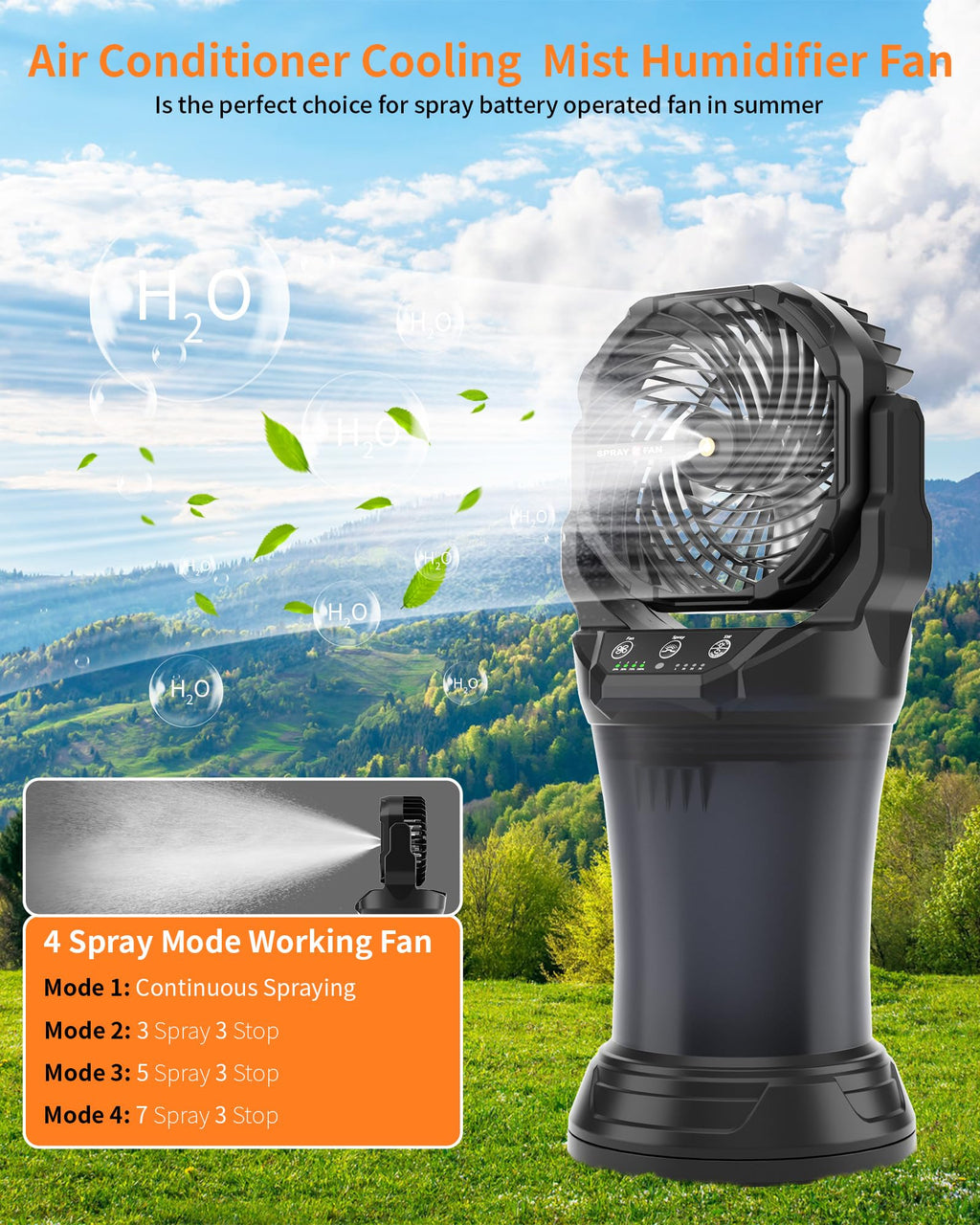 Portable Misting Cooling Fan with Larger Battery Rechargeable Outdoor with 2L Water Tank RGB Lights 4 Speeds & Spray Modes 120°Auto Oscillating RGB Light for Patio Camping Beach Workshop Tent Beach Travel