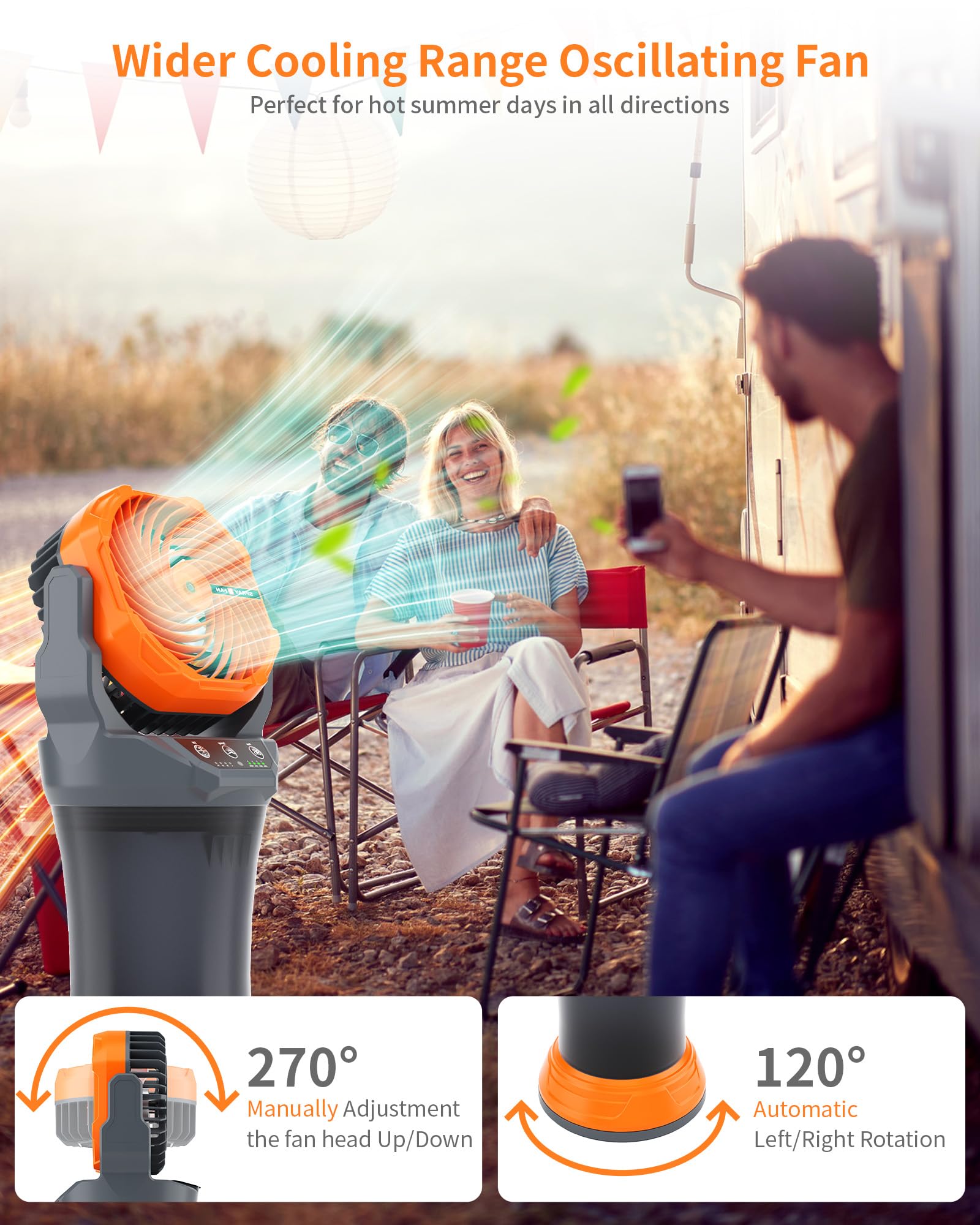 Portable Misting Cooling Fan with Larger Battery Rechargeable Outdoor with 2L Water Tank RGB Lights 4 Speeds & Spray Modes 120°Auto Oscillating RGB Light for Patio Camping Beach Workshop Tent Beach Travel