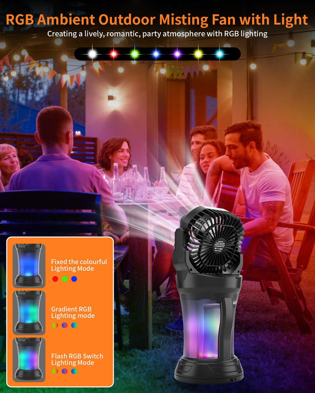 Portable Misting Cooling Fan with Larger Battery Rechargeable Outdoor with 2L Water Tank RGB Lights 4 Speeds & Spray Modes 120°Auto Oscillating RGB Light for Patio Camping Beach Workshop Tent Beach Travel