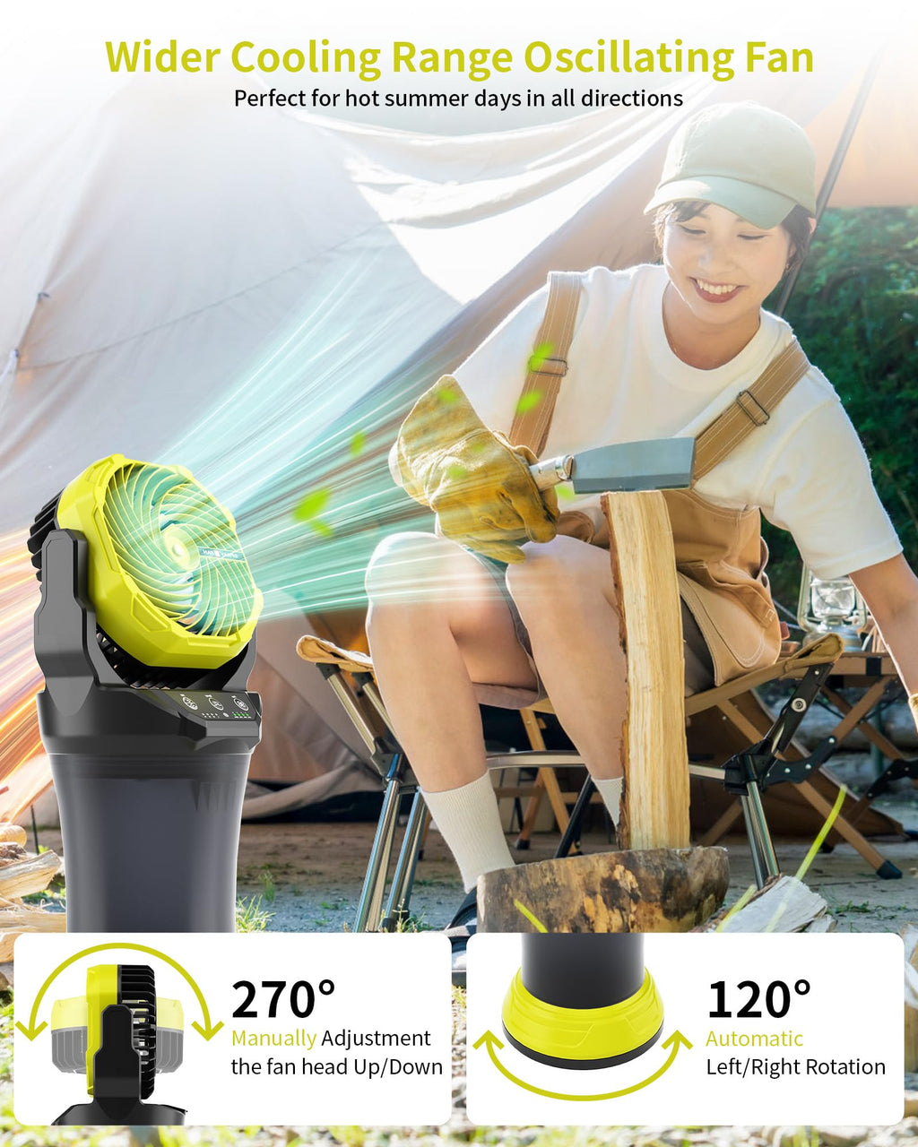 Portable Misting Cooling Fan with Larger Battery Rechargeable Outdoor with 2L Water Tank RGB Lights 4 Speeds & Spray Modes 120°Auto Oscillating RGB Light for Patio Camping Beach Workshop Tent Beach Travel