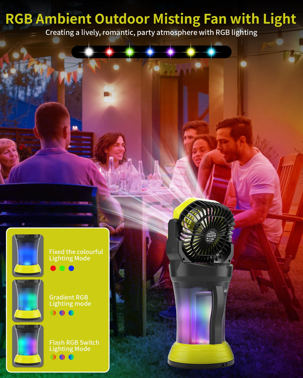 Portable Misting Cooling Fan with Larger Battery Rechargeable Outdoor with 2L Water Tank RGB Lights 4 Speeds & Spray Modes 120°Auto Oscillating RGB Light for Patio Camping Beach Workshop Tent Beach Travel