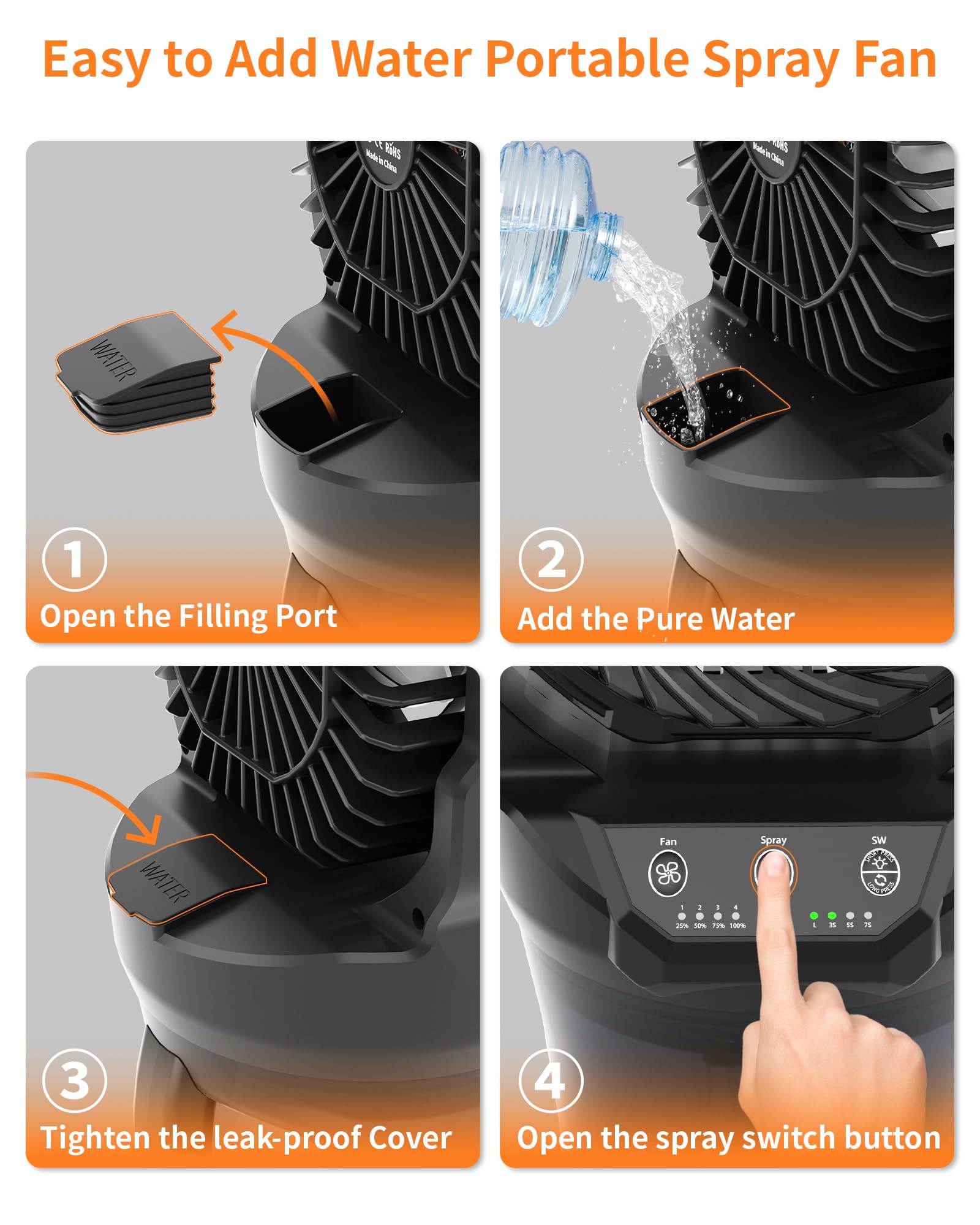 Portable Misting Cooling Fan with Larger Battery Rechargeable Outdoor with 2L Water Tank RGB Lights 4 Speeds & Spray Modes 120°Auto Oscillating RGB Light for Patio Camping Beach Workshop Tent Beach Travel