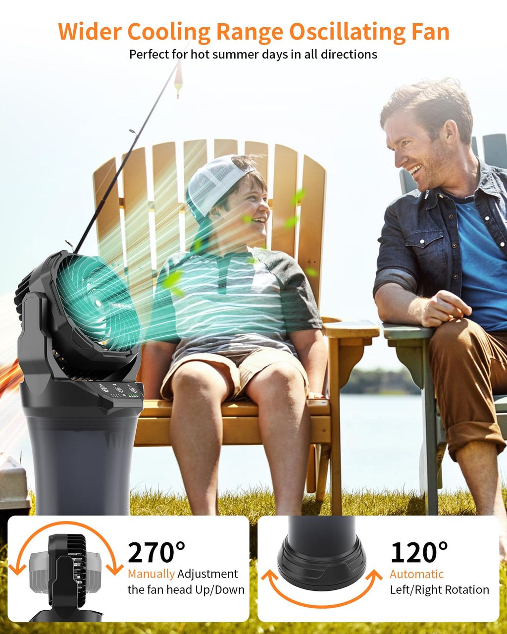 Portable Misting Cooling Fan with Larger Battery Rechargeable Outdoor with 2L Water Tank RGB Lights 4 Speeds & Spray Modes 120°Auto Oscillating RGB Light for Patio Camping Beach Workshop Tent Beach Travel