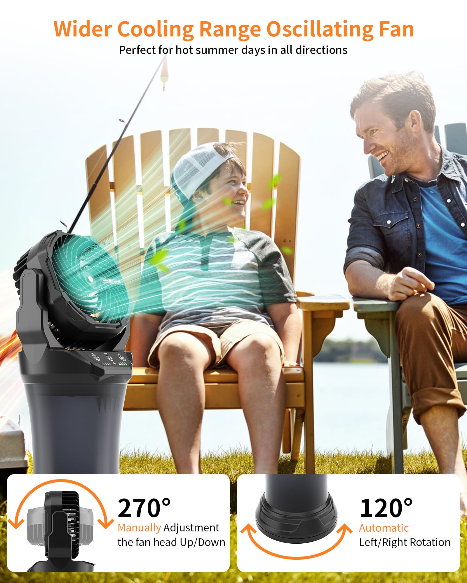 Portable Misting Cooling Fan with Larger Battery Rechargeable Outdoor with 2L Water Tank RGB Lights 4 Speeds & Spray Modes 120°Auto Oscillating RGB Light for Patio Camping Beach Workshop Tent Beach Travel