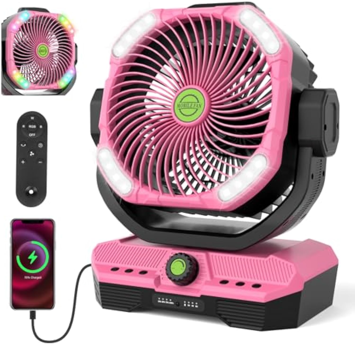 Battery Powered Fan Rechargeable, 360°Auto-oscillating Powerful Airflow Battery Operated Camping Fans, Quiet & 8H Timer Cordless Outdoor Remote Fan with LED for Tent Bedroom Travel Office X66