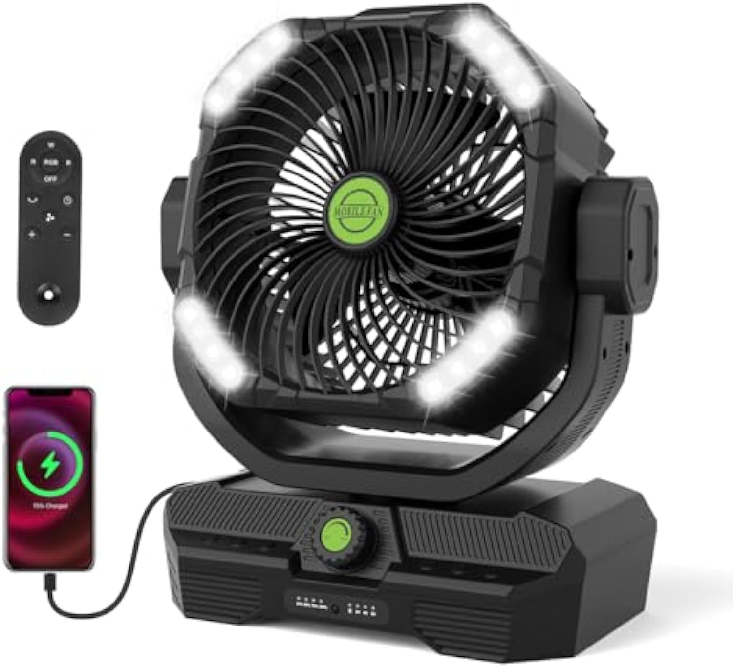 Battery Powered Fan Rechargeable, 360°Auto-oscillating Powerful Airflow Battery Operated Camping Fans, Quiet & 8H Timer Cordless Outdoor Remote Fan with LED for Tent Bedroom Travel Office X66