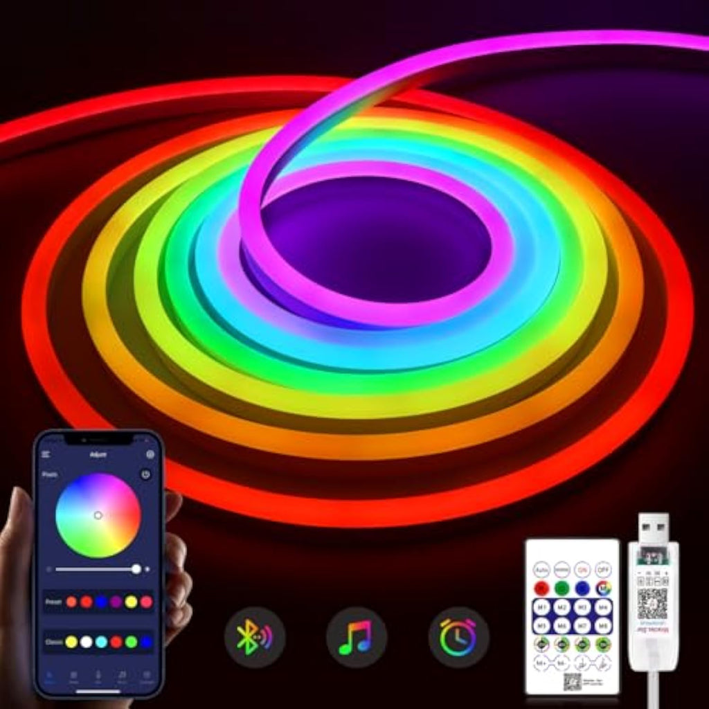 RGB Neon LED Strip Lights, 16.4ft/5m 5V SmartIC USB Neon Rope Light Flexible with APP & Remote,  IP67 Waterproof, Music Sync LED Tape Light for Bedroom Kitchen Wall Indoor Outdoor Décor