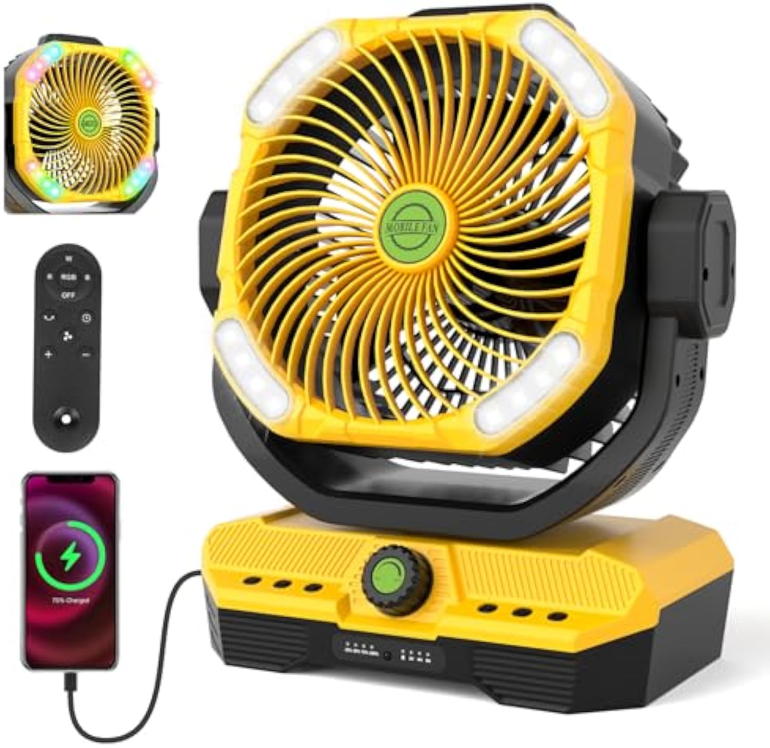 Battery Powered Fan Rechargeable, 360°Auto-oscillating Powerful Airflow Battery Operated Camping Fans, Quiet & 8H Timer Cordless Outdoor Remote Fan with LED for Tent Bedroom Travel Office X66