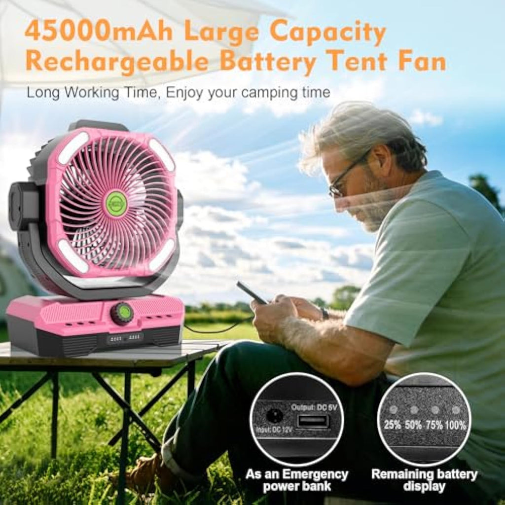 Battery Powered Fan Rechargeable, 360°Auto-oscillating Powerful Airflow Battery Operated Camping Fans, Quiet & 8H Timer Cordless Outdoor Remote Fan with LED for Tent Bedroom Travel Office X66
