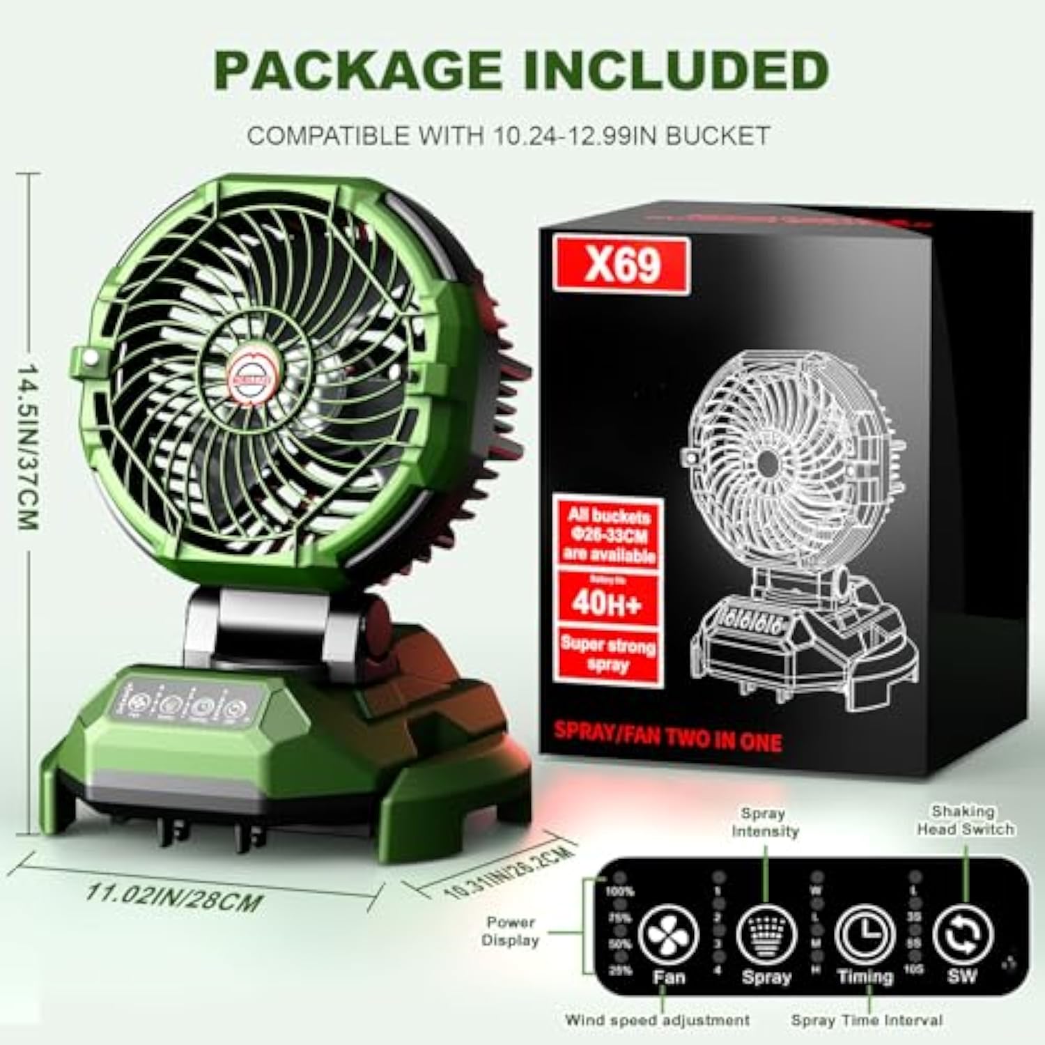 Portable Misting Fan 30000mAh Rechargeable Battery Powered 4 Strong Winds 4 Spray Mister Floor Cooling Fan for Outdoor Camping Patios Adjustable Base for 10-13inch Bucket(No Bucket Included)