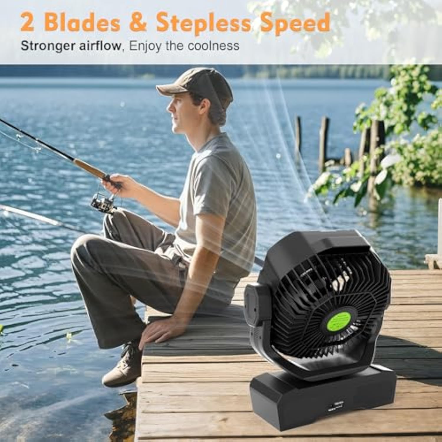Battery Powered Fan Rechargeable, 360°Auto-oscillating Powerful Airflow Battery Operated Camping Fans, Quiet & 8H Timer Cordless Outdoor Remote Fan with LED for Tent Bedroom Travel Office X66
