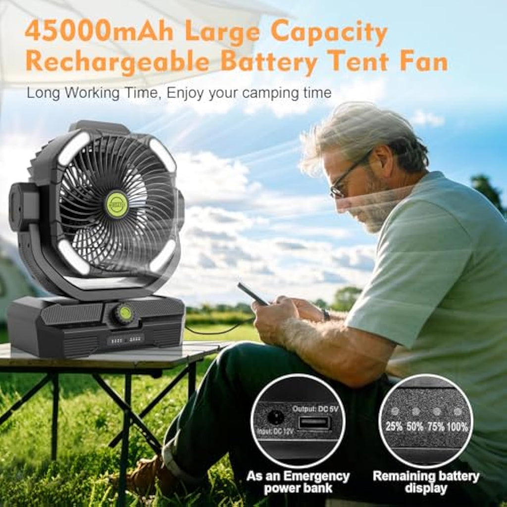 Battery Powered Fan Rechargeable, 360°Auto-oscillating Powerful Airflow Battery Operated Camping Fans, Quiet & 8H Timer Cordless Outdoor Remote Fan with LED for Tent Bedroom Travel Office X66