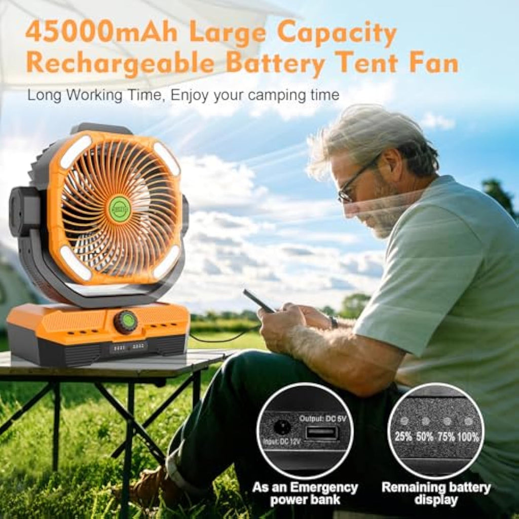 Battery Powered Fan Rechargeable, 360°Auto-oscillating Powerful Airflow Battery Operated Camping Fans, Quiet & 8H Timer Cordless Outdoor Remote Fan with LED for Tent Bedroom Travel Office X66