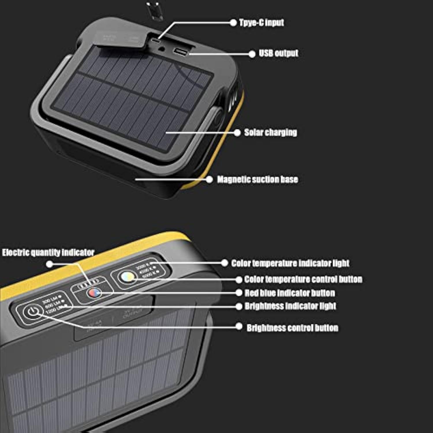 Portable Camping LED Light Solar Camping Spotlight Emergency Rechargeable Magnetic Work Lamp