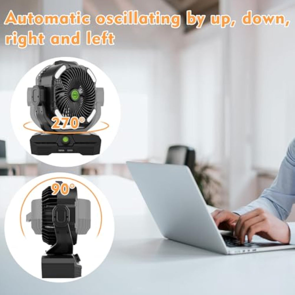 Battery Powered Fan Rechargeable, 360°Auto-oscillating Powerful Airflow Battery Operated Camping Fans, Quiet & 8H Timer Cordless Outdoor Remote Fan with LED for Tent Bedroom Travel Office X66