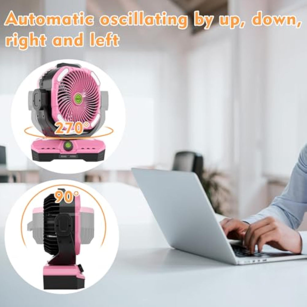 Battery Powered Fan Rechargeable, 360°Auto-oscillating Powerful Airflow Battery Operated Camping Fans, Quiet & 8H Timer Cordless Outdoor Remote Fan with LED for Tent Bedroom Travel Office X66