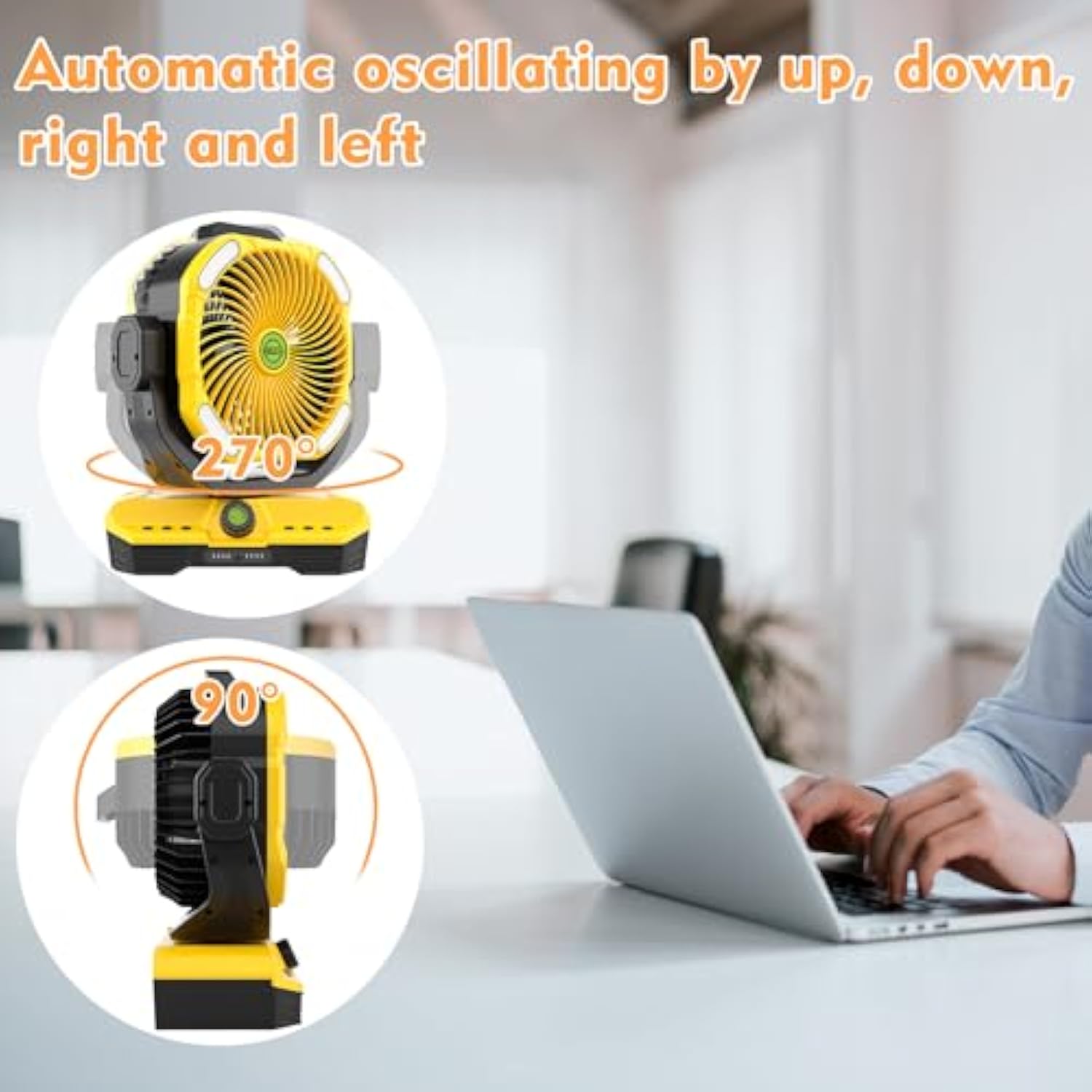 Battery Powered Fan Rechargeable, 360°Auto-oscillating Powerful Airflow Battery Operated Camping Fans, Quiet & 8H Timer Cordless Outdoor Remote Fan with LED for Tent Bedroom Travel Office X66