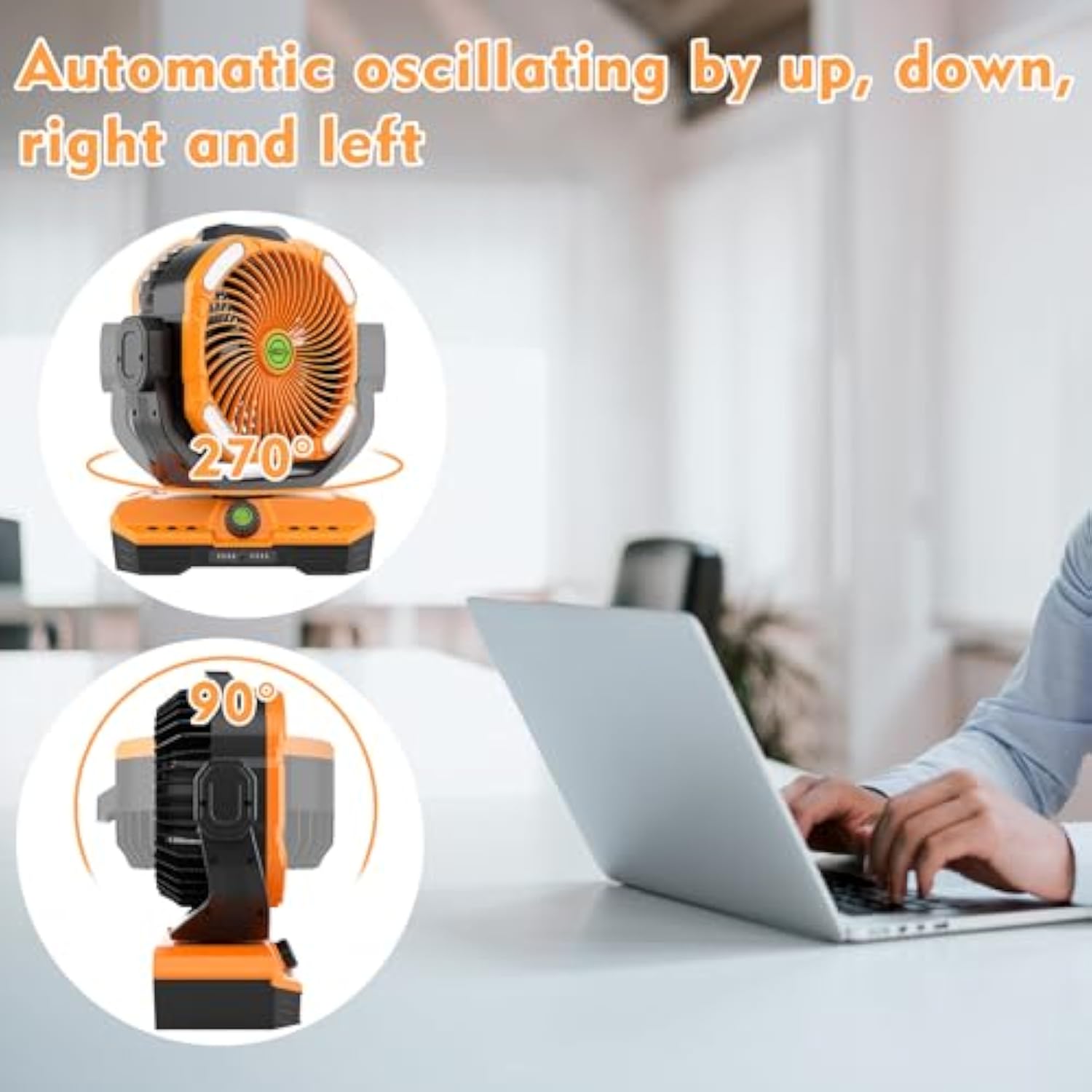 Battery Powered Fan Rechargeable, 360°Auto-oscillating Powerful Airflow Battery Operated Camping Fans, Quiet & 8H Timer Cordless Outdoor Remote Fan with LED for Tent Bedroom Travel Office X66